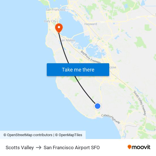 Scotts Valley to San Francisco Airport SFO map