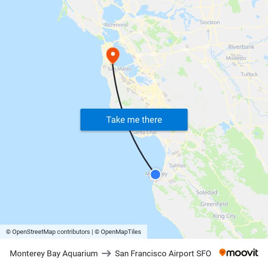 Monterey Bay Aquarium to San Francisco Airport SFO map