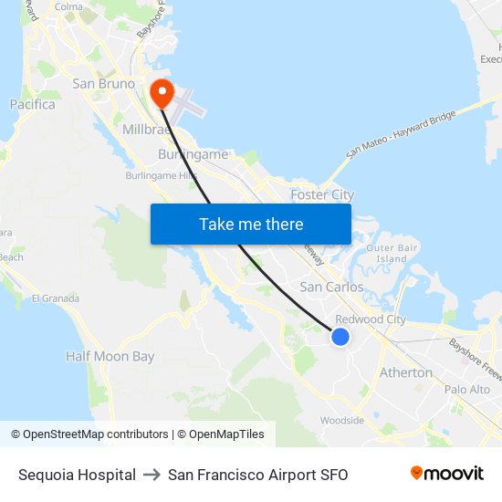 Sequoia Hospital to San Francisco Airport SFO map
