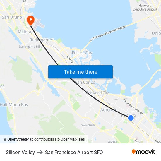 Silicon Valley to San Francisco Airport SFO map