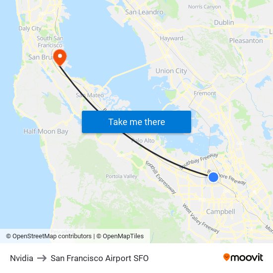 Nvidia to San Francisco Airport SFO map