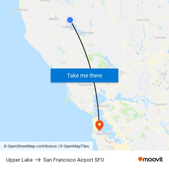 Upper Lake to San Francisco Airport SFO map