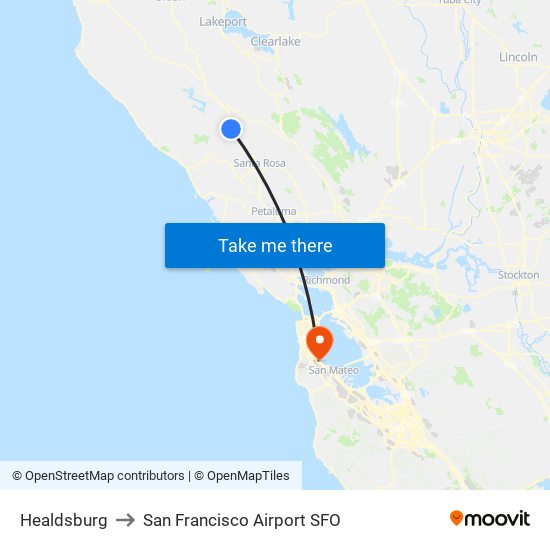 Healdsburg to San Francisco Airport SFO map