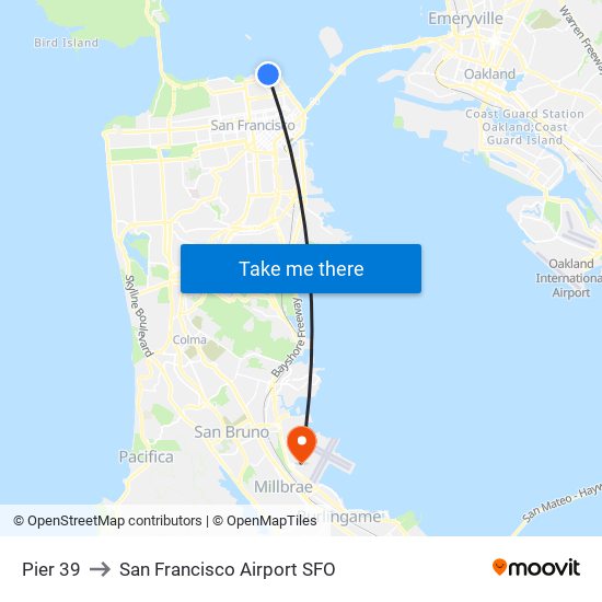 Pier 39 to San Francisco Airport SFO map