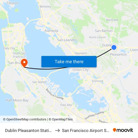 Dublin Pleasanton Station to San Francisco Airport SFO map