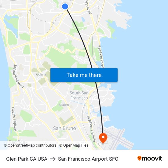 Glen Park CA USA to San Francisco Airport SFO map