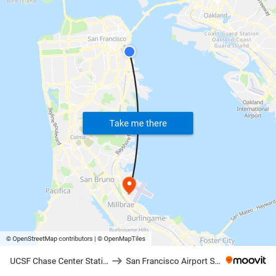 UCSF Chase Center Station to San Francisco Airport SFO map
