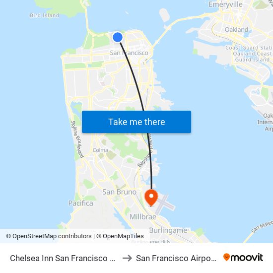 Chelsea Inn San Francisco CA USA to San Francisco Airport SFO map