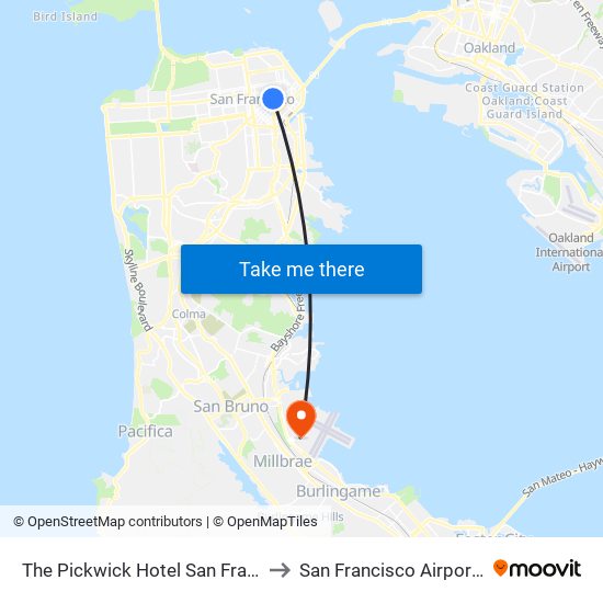 The Pickwick Hotel San Francisco to San Francisco Airport SFO map