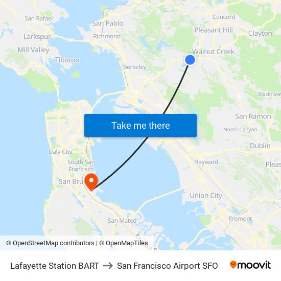 Lafayette Station BART to San Francisco Airport SFO map