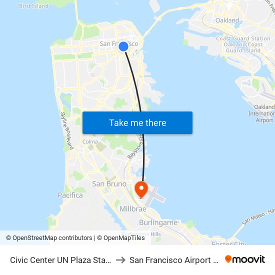Civic Center UN Plaza Station to San Francisco Airport SFO map