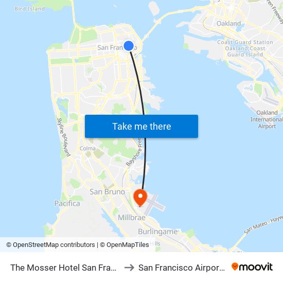 The Mosser Hotel San Francisco to San Francisco Airport SFO map