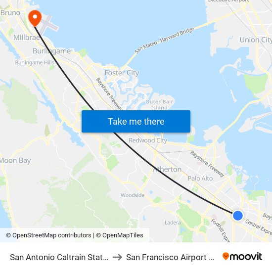 San Antonio Caltrain Station to San Francisco Airport SFO map