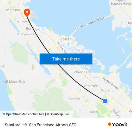 Stanford to San Francisco Airport SFO map