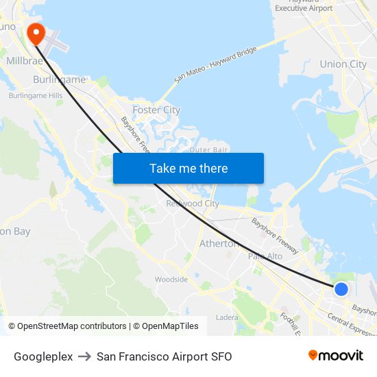 Googleplex to San Francisco Airport SFO map