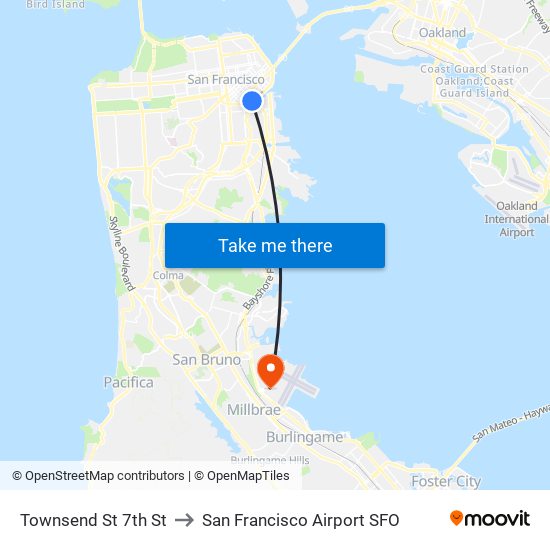 Townsend St 7th St to San Francisco Airport SFO map