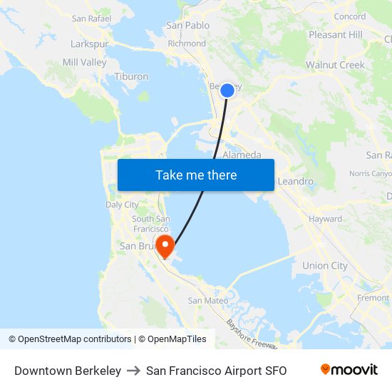 Downtown Berkeley to San Francisco Airport SFO map