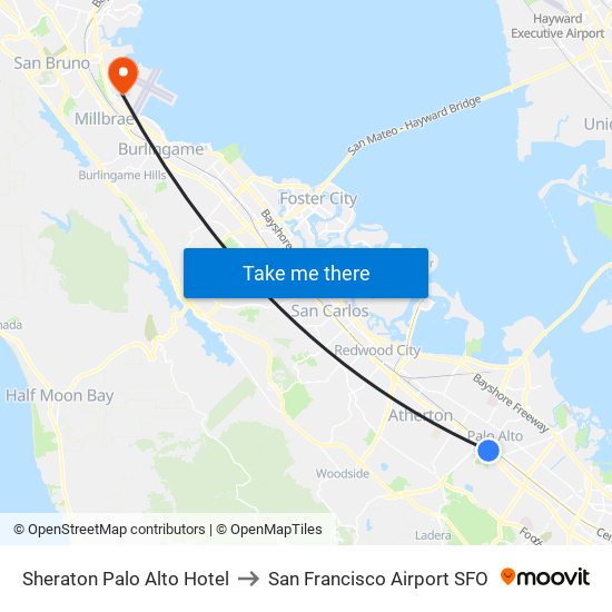 Sheraton Palo Alto Hotel to San Francisco Airport SFO map