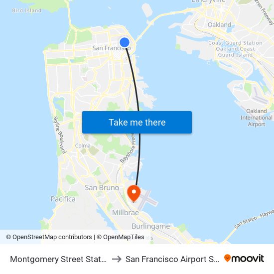 Montgomery Street Station to San Francisco Airport SFO map