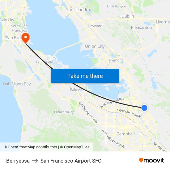 Berryessa to San Francisco Airport SFO map