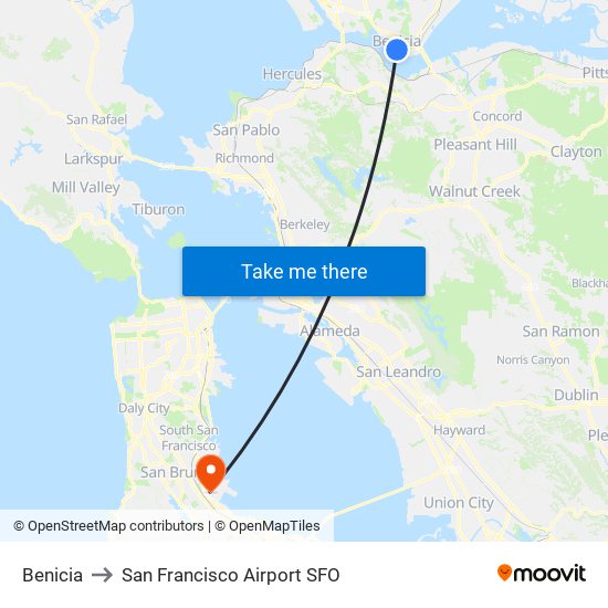 Benicia to San Francisco Airport SFO map