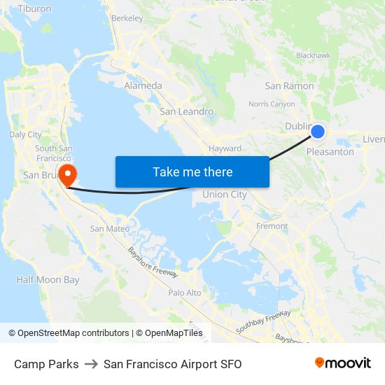 Camp Parks to San Francisco Airport SFO map