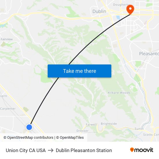 Union City CA USA to Dublin Pleasanton Station map