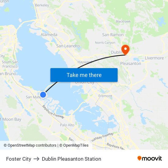 Foster City to Dublin Pleasanton Station map