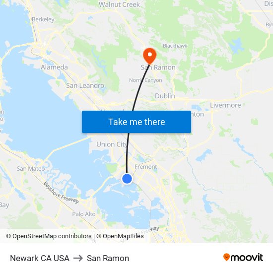 Newark CA USA to San Ramon map