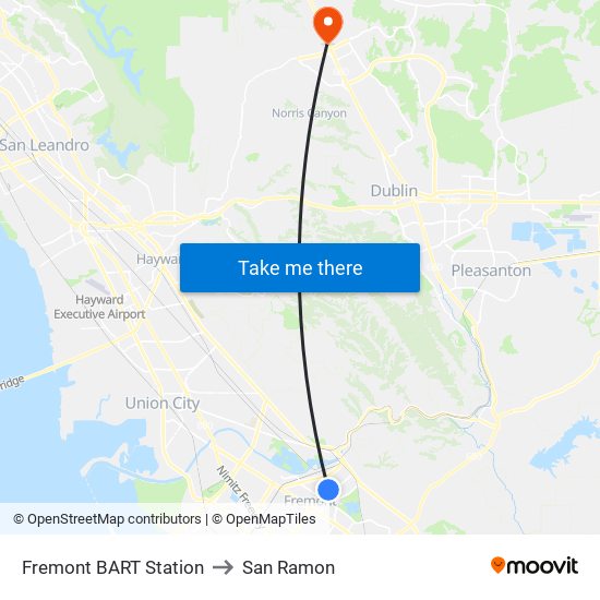 Fremont BART Station to San Ramon map