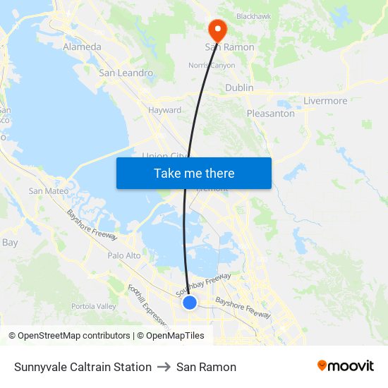 Sunnyvale Caltrain Station to San Ramon map