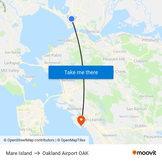 Mare Island to Oakland Airport OAK map