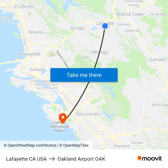 Lafayette CA USA to Oakland Airport OAK map