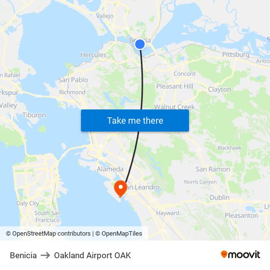 Benicia to Oakland Airport OAK map