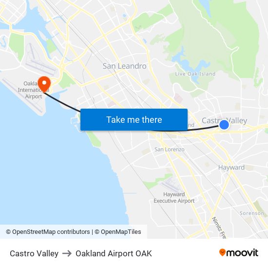 Castro Valley to Oakland Airport OAK map