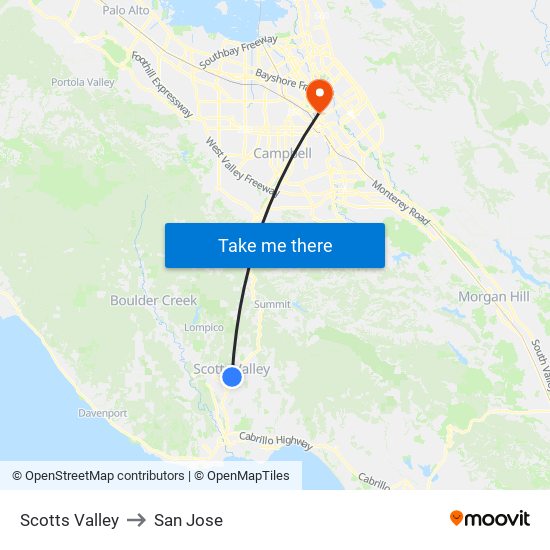 Scotts Valley to San Jose map