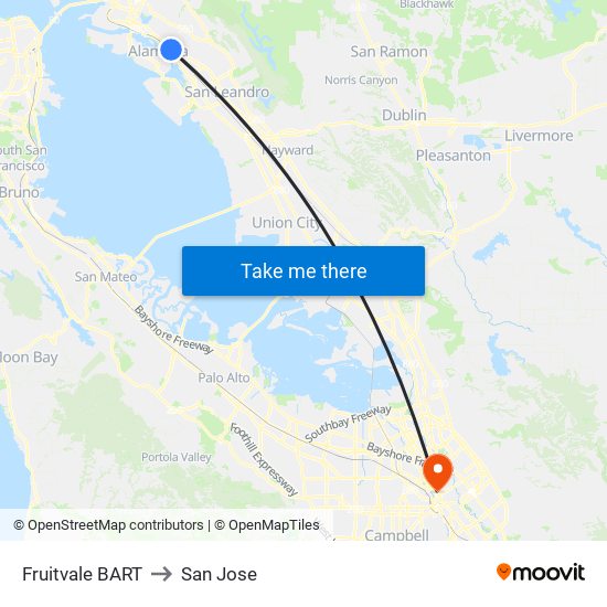 Fruitvale Bart to San Jose map