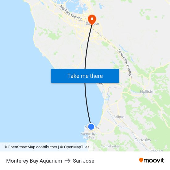 Monterey Bay Aquarium to San Jose map