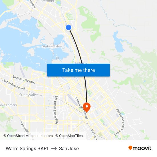 Warm Springs BART to San Jose map