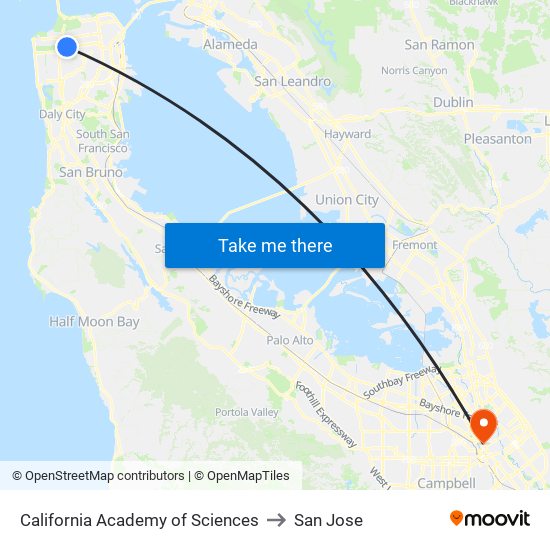 California Academy of Sciences to San Jose map