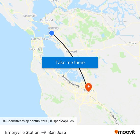 Emeryville Station to San Jose map