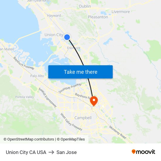 Union City CA USA to San Jose map