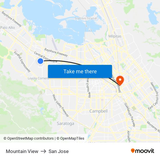 Mountain View to San Jose map