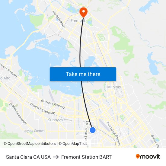 Santa Clara CA USA to Fremont Station BART map