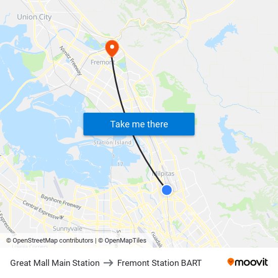 Great Mall Main Station to Fremont Station BART map