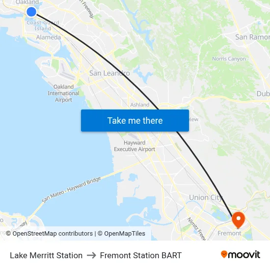 Lake Merritt Station to Fremont Station BART map