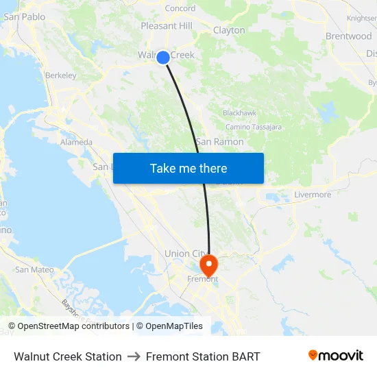 Walnut Creek Station to Fremont Station BART map