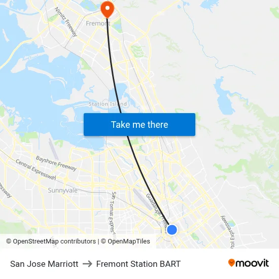 San Jose Marriott to Fremont Station BART map