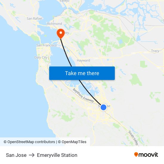 San Jose to Emeryville Station map