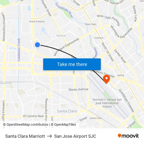 Santa Clara Marriott to San Jose Airport SJC map